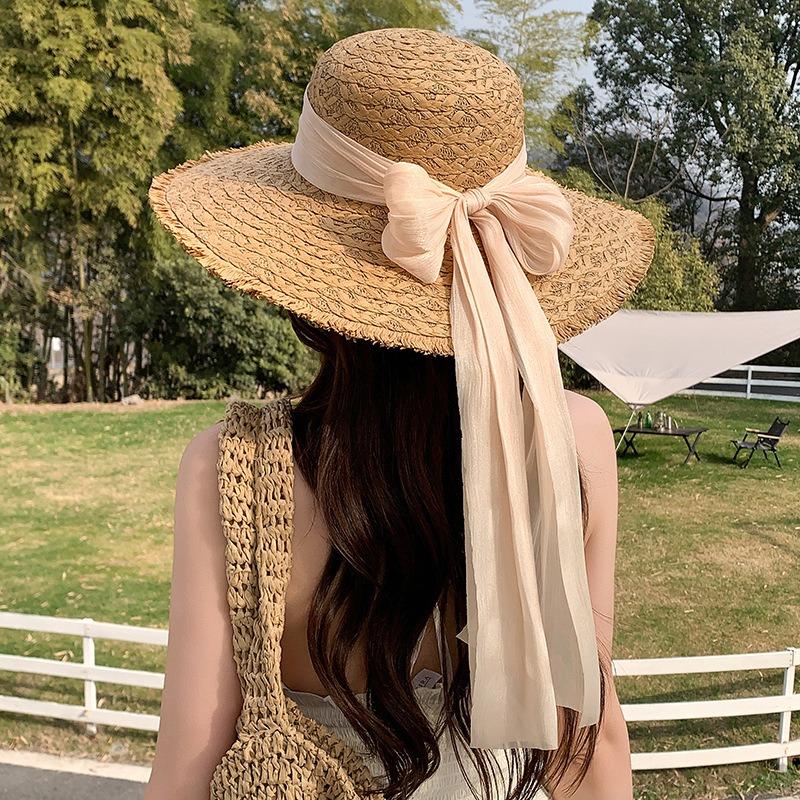 Summer Bow Sun Hat Female, Seaside Beach Vacation Sun Hat Outdoor Big Brim Sun Hat Sweet Straw Hat