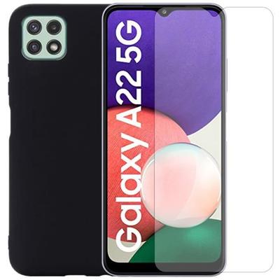 Protective Case - Yuan Yuan - Samsung Galaxy A22 5G - Black Silicone - Tempered Glass - Ultra-thin 0.26mm