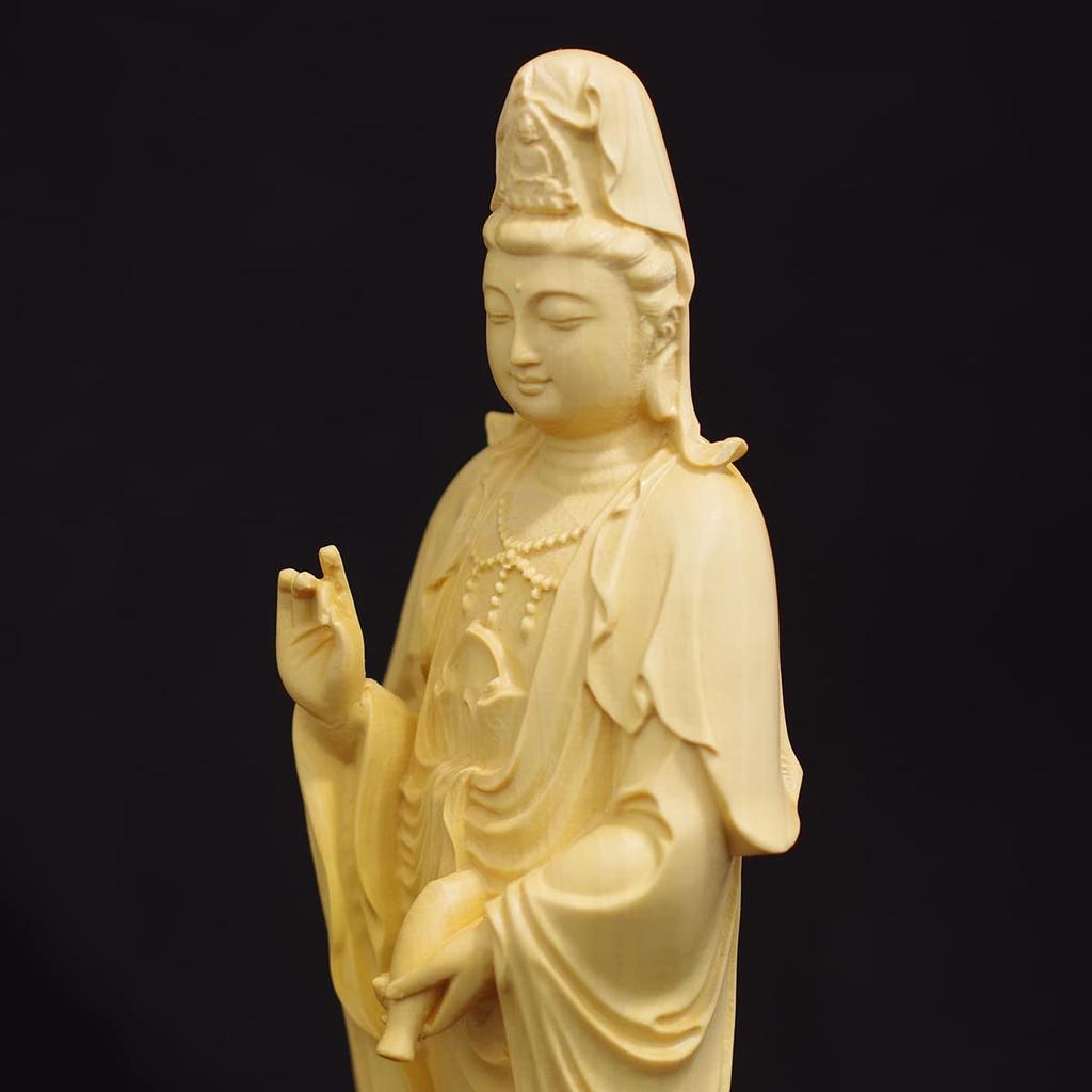 Stehende Kannon Bodhisattva Buddha-Statue, Ungefähr 20 cm hoch, Aus natürlichem Buchsbaum gefertigt, Kannon-Statue, Holzschnitzerei, [Produktcode]