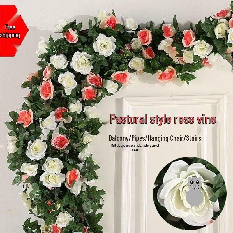 Artificial Rose Vine Garland with Green Leaves