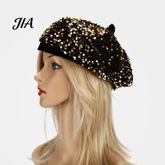 Sophisticated Daily Accessory Women Sequined Beret Hat, Sparkly Retro Artist Cap, Stylish Outdoor Fashion Headgear Adjustable Painter Cap for