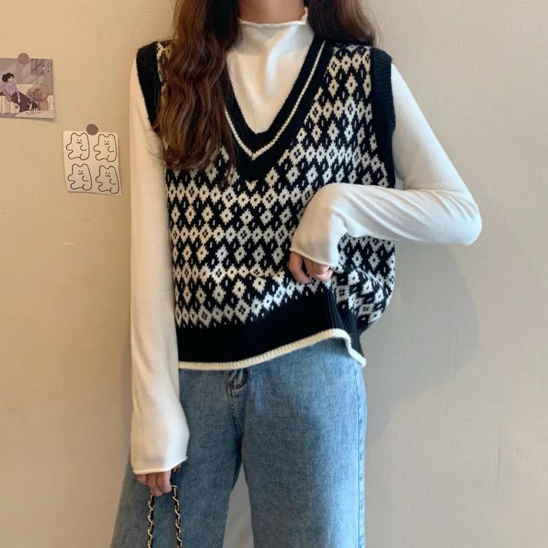 Gilet Scolastico a Quadri Fengling Primavera e Autunno Versione Coreana Femminile Largo Scollo a V Corto in Lana Lavorata a Maglia Senza Maniche