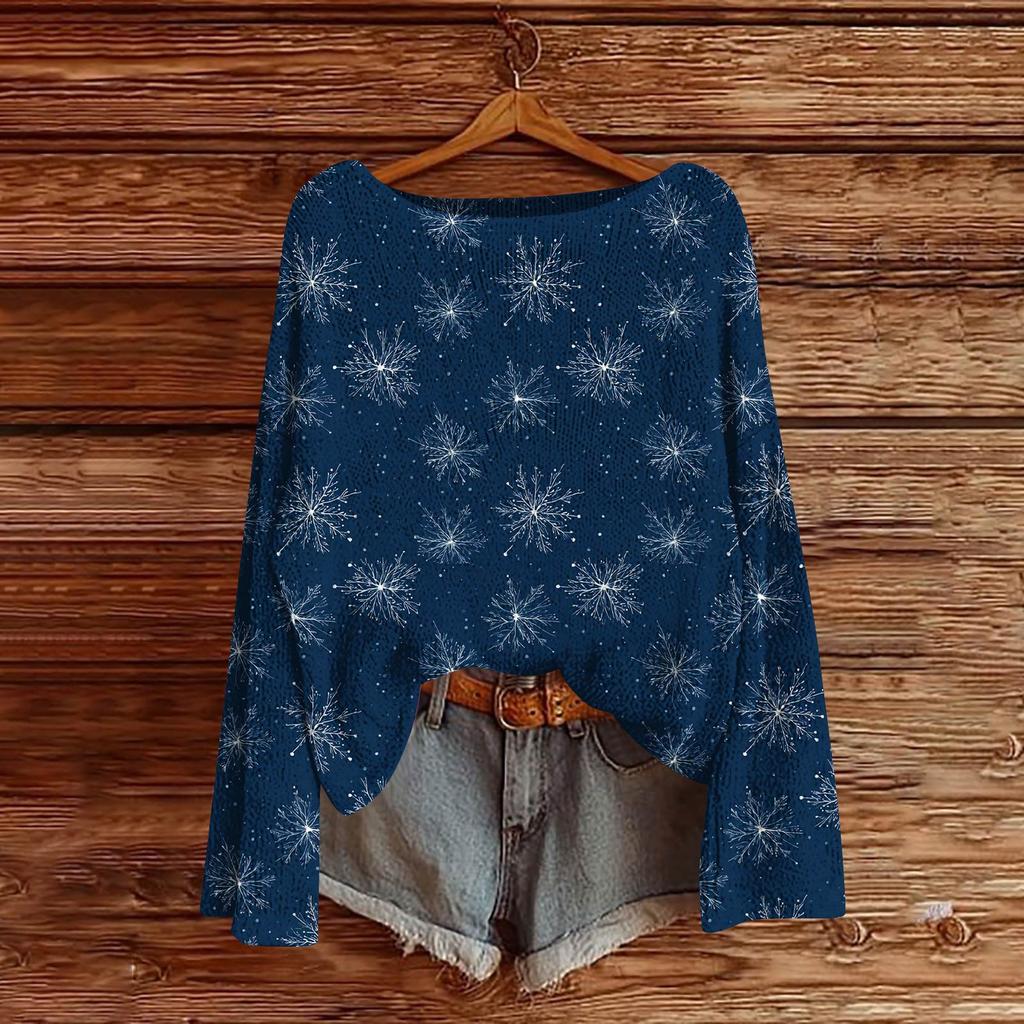 Women's Fashion Christmas Print Lightweight Sweater Casual Long-Sleeve Knit Pullover Top