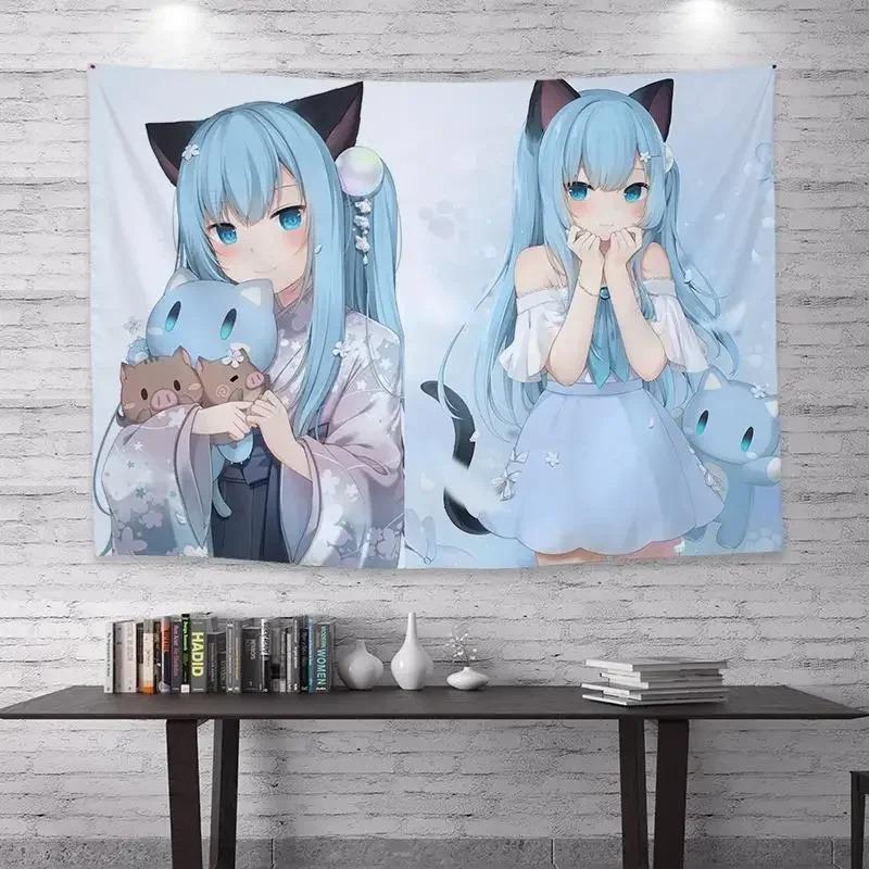 Kawaii Nekomimi Girl Tapestry Soft Blue Bed Print Polyester Wall Hanging Cute Anime Themed Home Decor for Bedroom  Dorm