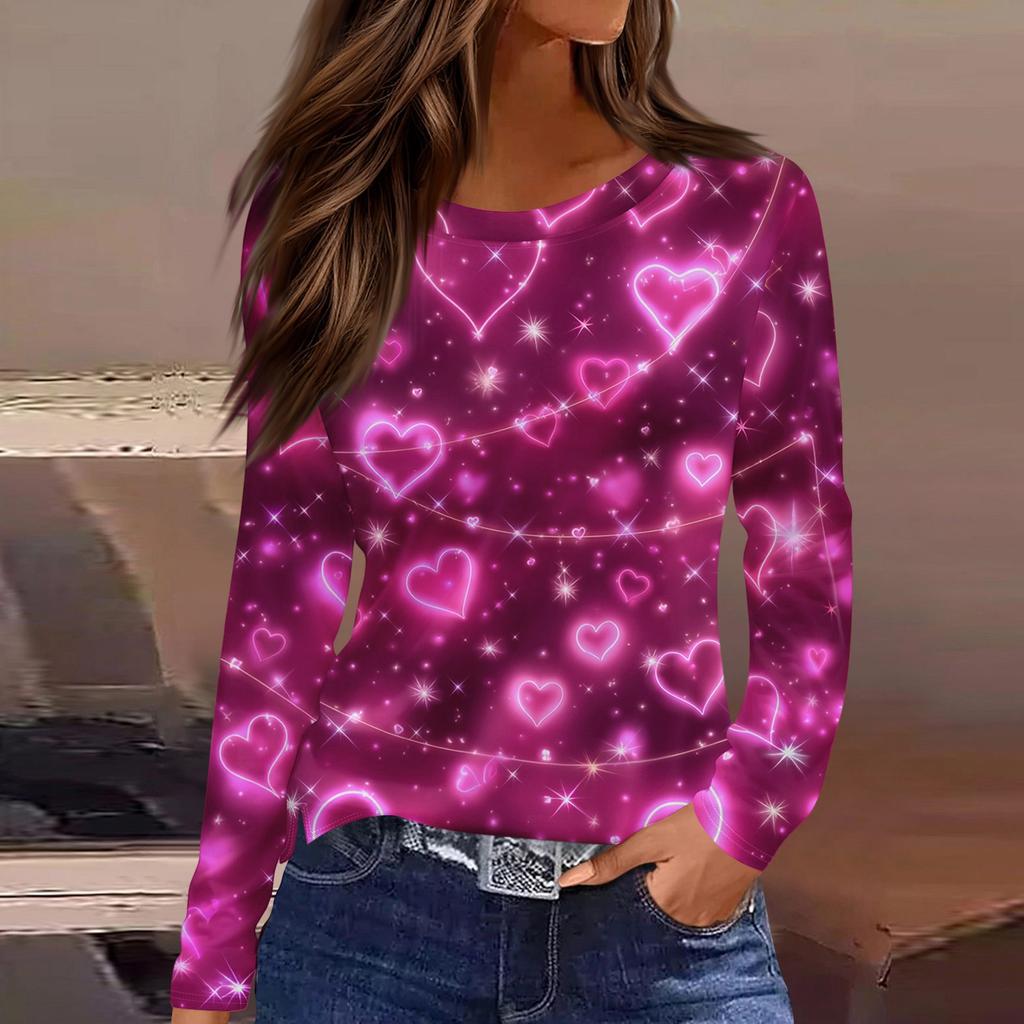 Women's Fashionable Long-Sleeved Round Neck Top with Slit Hem and Valentine's Day Heart Print
