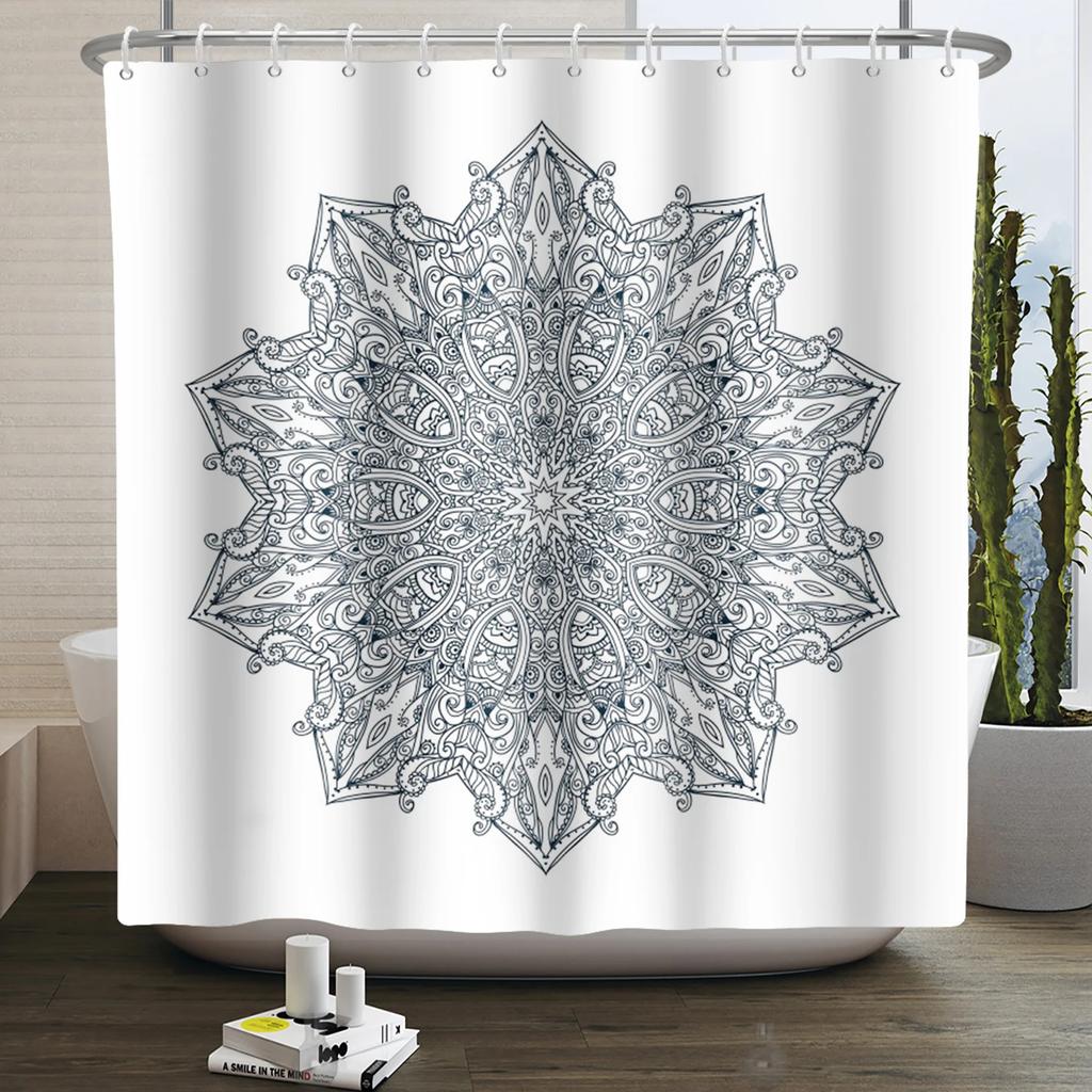 Bohemia Mandala Blume Duschvorhang Schwarz Gold Badevorhang Heim Badezimmer Dekoration Wasserdichtes Gewebe Badewannen-Bildschirm Mit Haken