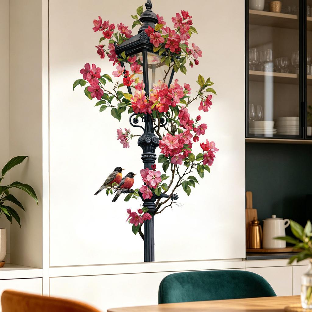 Retro Street Lamp Pink Floral Bird Wall Sticker Self Adhesive Waterproof Living Room Entryway Decor