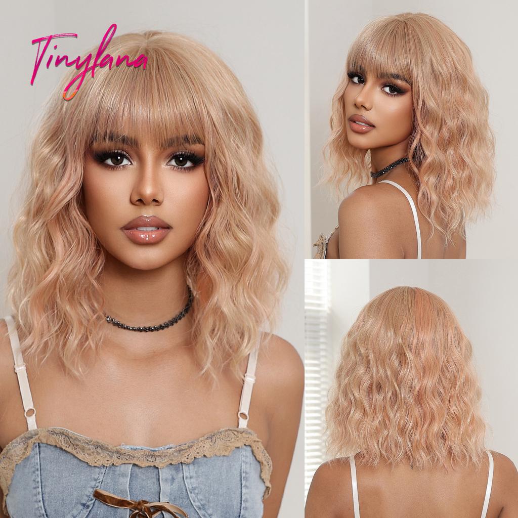 Short Bob Gray Purple Synthetic Wigs with Bangs Curly Cosplay Purple Ombre Wig for Women Afro Natural Wave Hair Heat Resistant