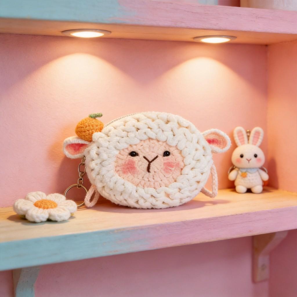 Wool Yarn Cute Sheep Shaped Coin Purse With Snap Closure For Casual Daily Use