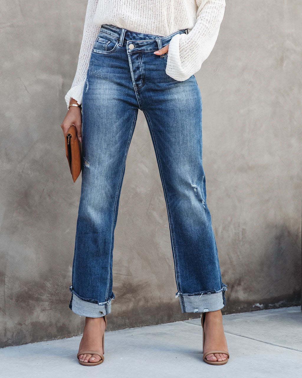 European & American Style Urban Casual Women s Washed Straight Leg Denim Pants 3203 Large синий