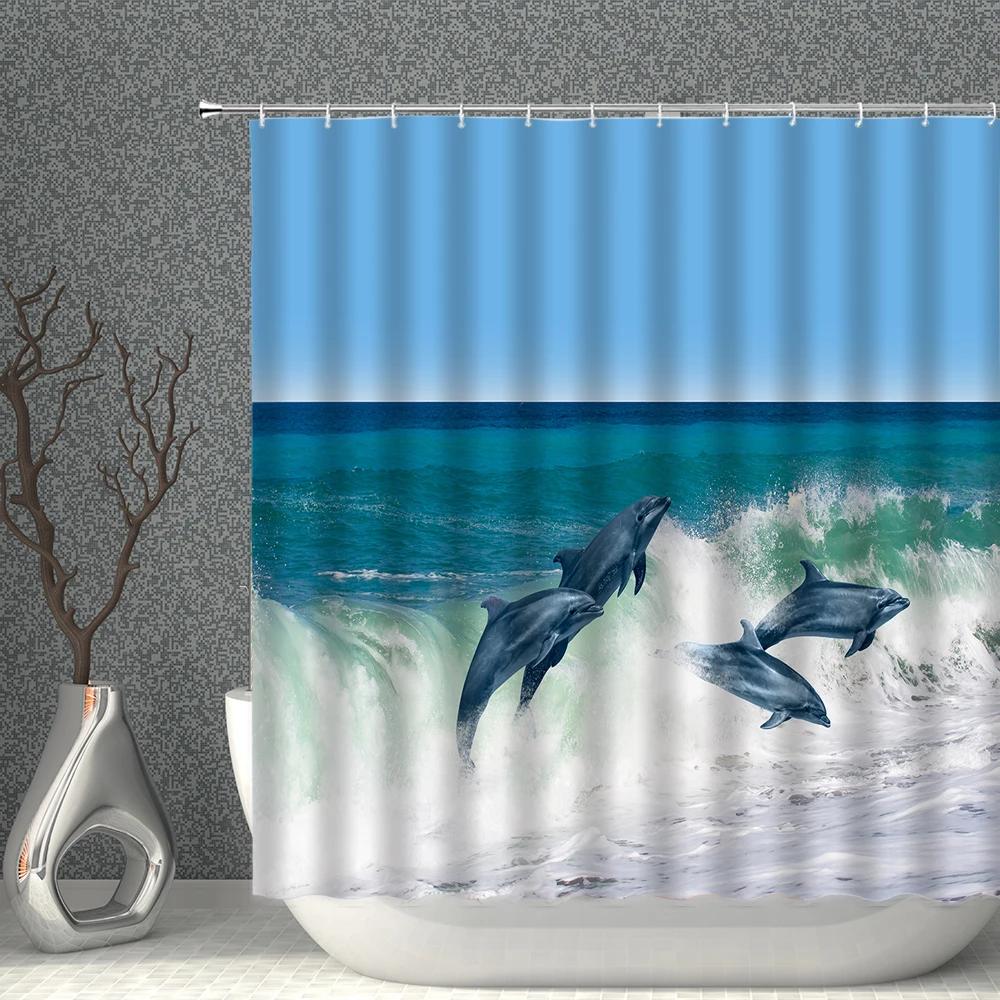 Marine Animal Underwater World Shower Curtain Waterproof Polyester Fabric Whale Dolphin Background Home Decoration With Hooks