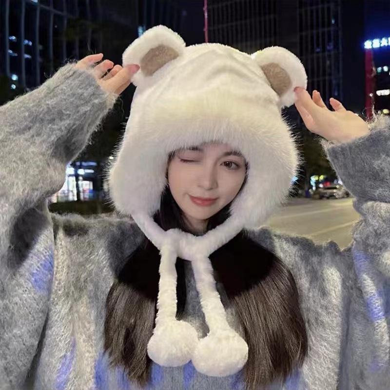 Hat Female Autumn And Winter Furry Winter Rabbit Hair Thunderbolt Hat Hair Ball Ear Protection Warm Cold Thickened Plush Windproof Cap