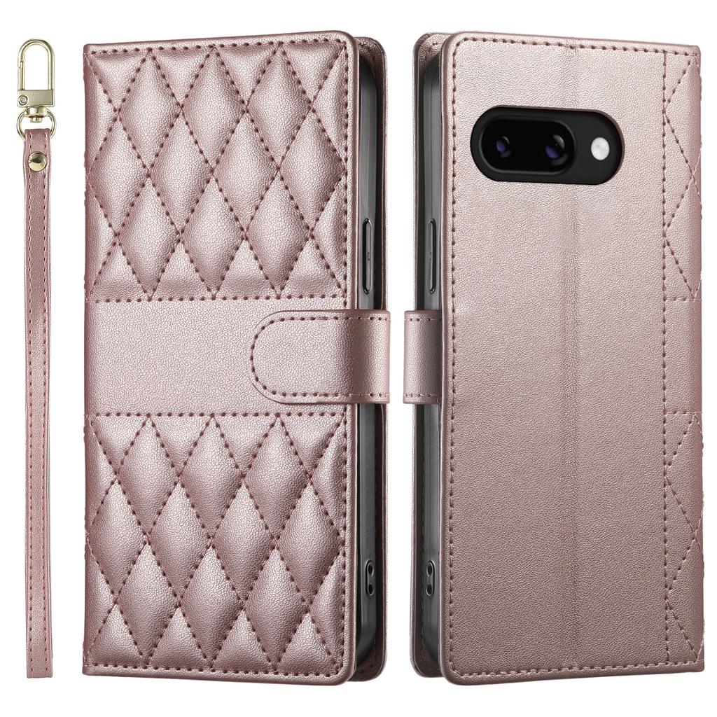 For Google Pixel 9a Case Rhombus Stitching Wallet Stand Leather Phone Cover with Long/Short Strap