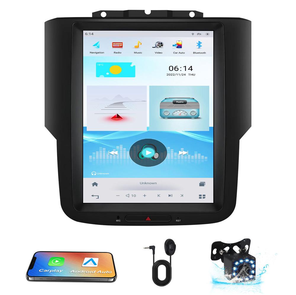 Compatible with Dodge Ram 12-18, Qualcomm navigation, integrated panoramic reverse camera, and CarPlay support.