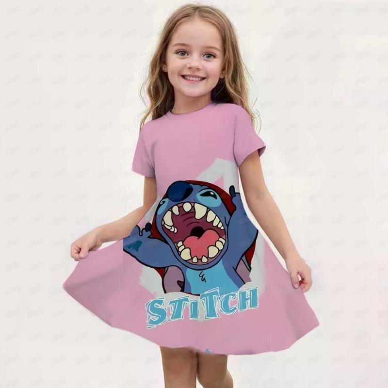 Disney Stitch Print Children's Dress, Birthday Party Girl Princess Summer Casual Soft Cute Costume Top, Hot Sale