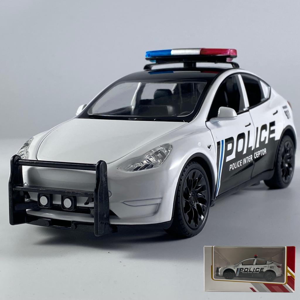 1:24 Model Y Policie Slitina Tlakově litý Model Auta Zvuk & Světlo Pull Back Vysoká Simulace Ozdoba Vnitřní Stolní Dekorace Hobby Chlapec