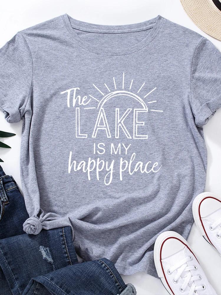 Lake Is My Happy Place Print Women T Shirt Short Sleeve O Neck Loose Women Tshirt Ladies Tee Shirt Tops Clothes Camisetas Mujer