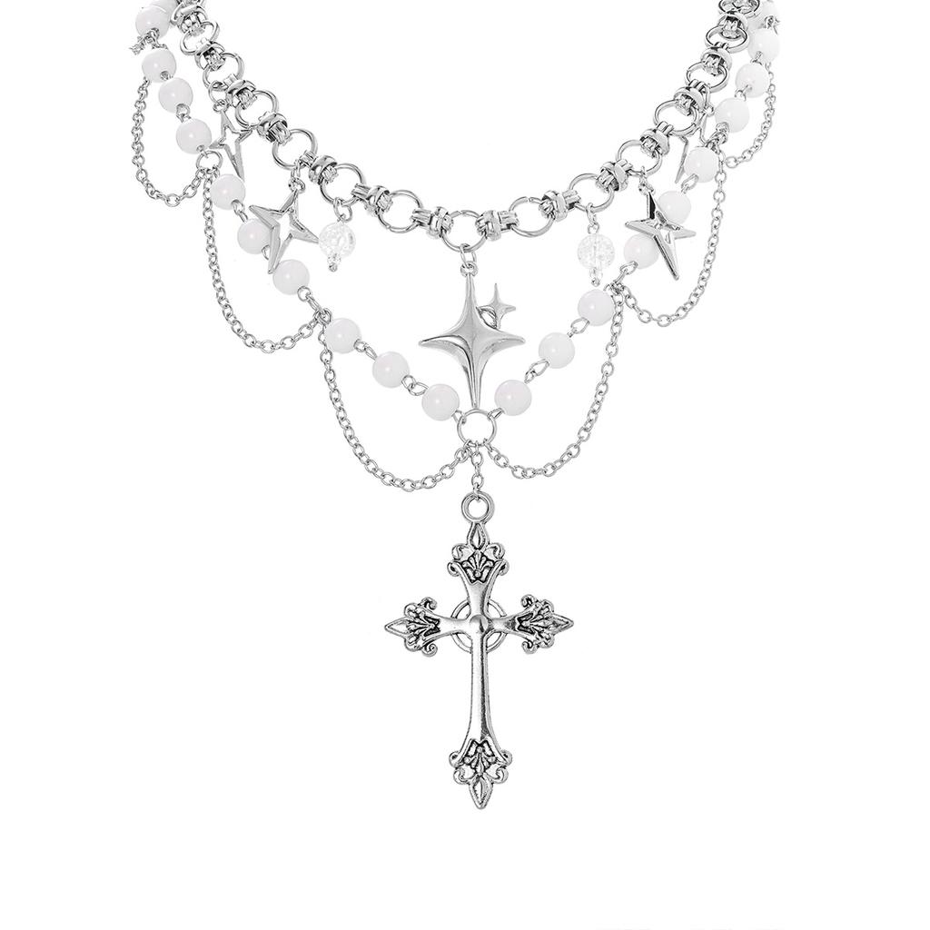 2-teilige Mode Retro Spitze Kreuz Anhänger Halskette Doppellagig Stern Fransen Perle Damen Choker Halskette