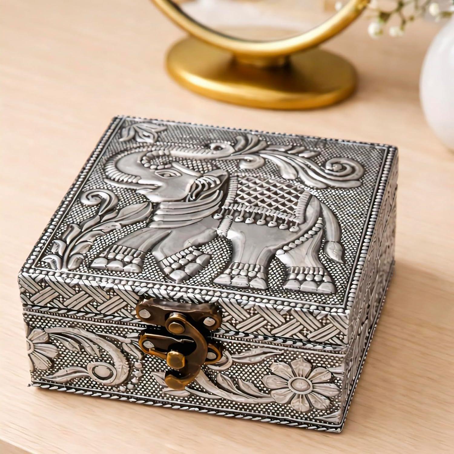 Trendifly Elephant Design Wooden Oxidised Jewellery Storage Box With Lock for Women 4 x 4 inch