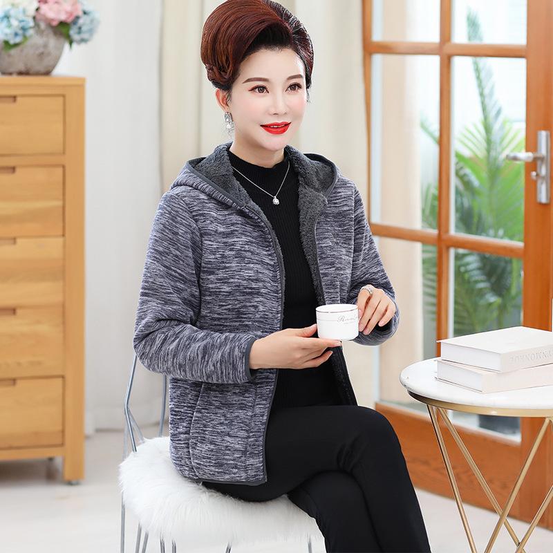 Grandma Autumn and Winter Cardigan Hooded Sweater Middle-aged and Elderly Sportswear Women's Jacket Mother Women's Plus Velvet Clothes