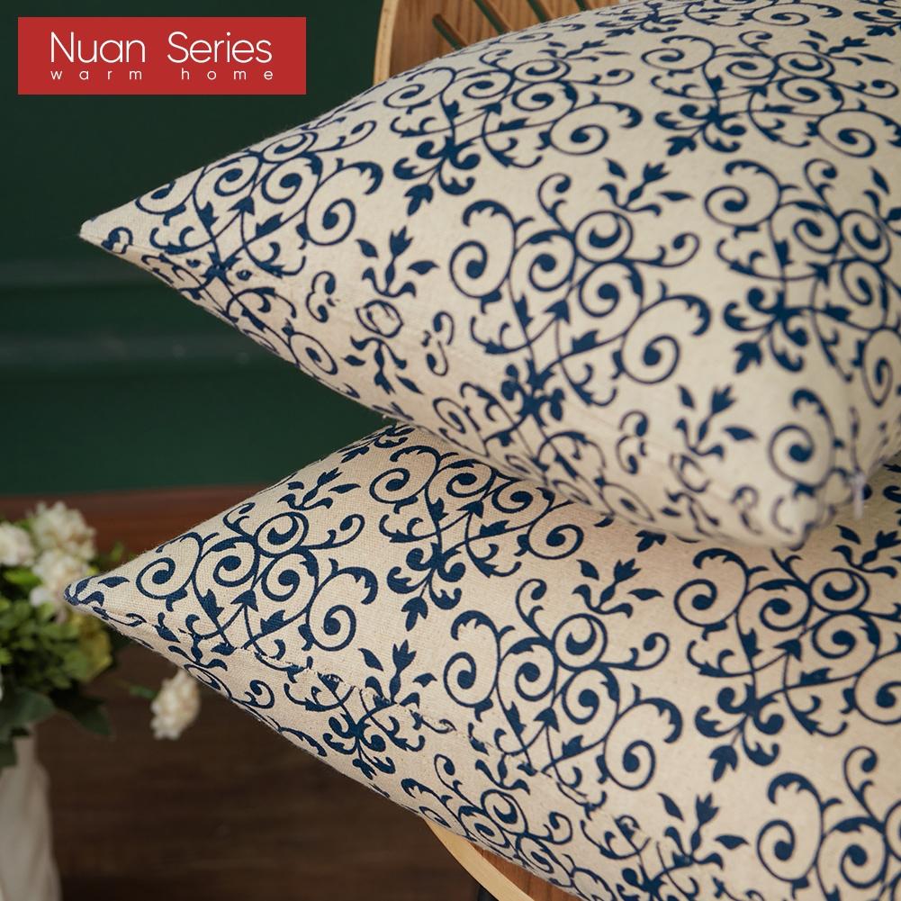1PC Nuan Series Retro Chinese Classical Blue and White Porcelain Printed Cotton and Linen Pillowcase for Sofa Living Room Bedroom Home Decor