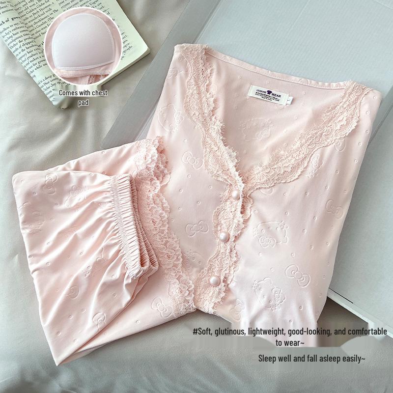 Women's Summer Tencel Cotton Pajama Set with Bra: New 2025 Short Sleeve Three-Piece Loungewear.