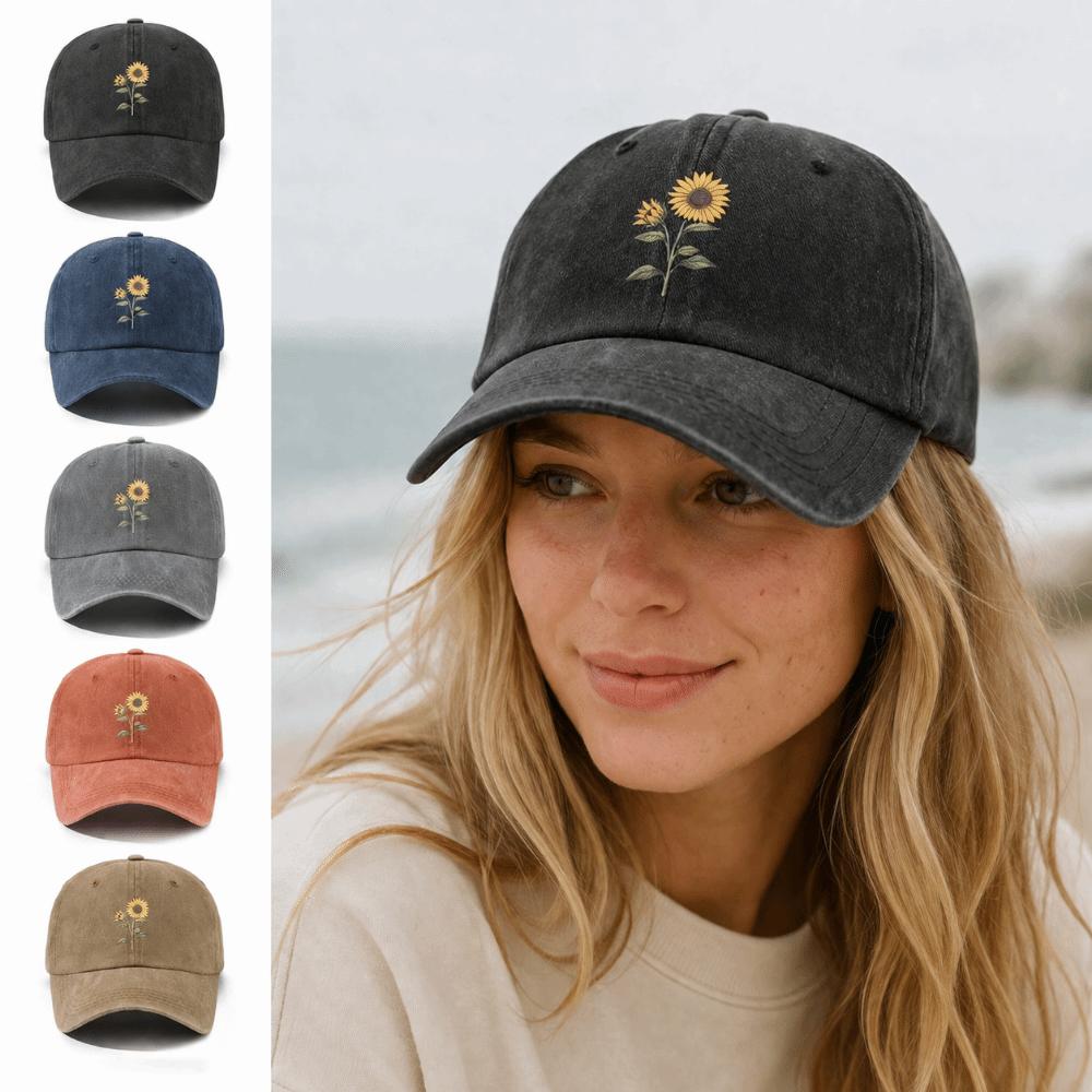 Sunflower Printed Dad Hat Washed Cotton Sun Hat Vintage Travel Hat  For Women Man