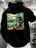 Vintage Halloween Art Style, Hoodie, Tattooed Woman Relaxing by Pool with Pumpkins And Bats Under Full, Autumn Winter Casual Wear,