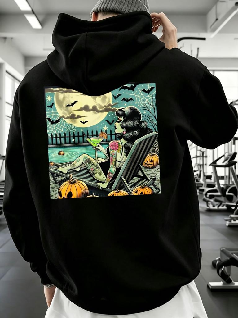 Vintage Halloween Art Style, Hoodie, Tattooed Woman Relaxing by Pool with Pumpkins And Bats Under Full, Autumn Winter Casual Wear,