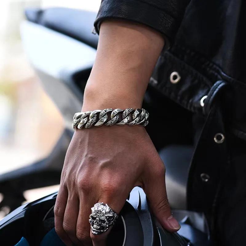 100% S925 Sterling Silver Trend Retro Fashion Cuban Charm Solid Bracelet Men's Cuff Trend Powerful Street Fashion Jewelry Gift