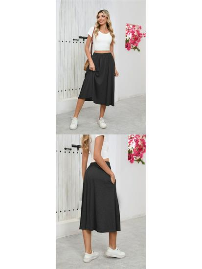 European High-Waisted Casual Midi Skirt - A-Line, Loose Fit, Draped Hem
