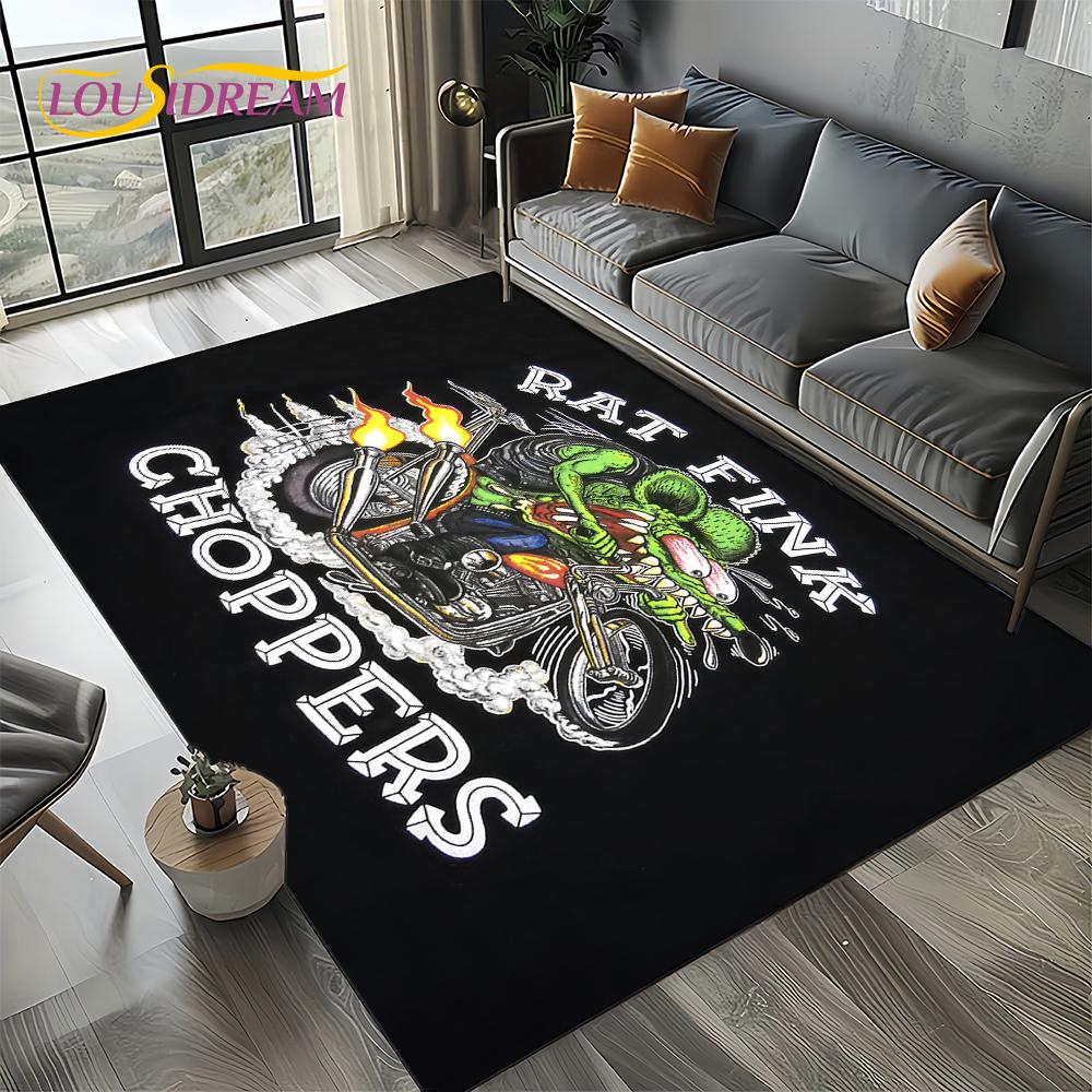 RF Funny Rat Fink Cartoon Motorcycle Sign Carpet Rug for Living Room Bedroom Home Sofa Decoration,Area Rug Non-slip Floor Mat