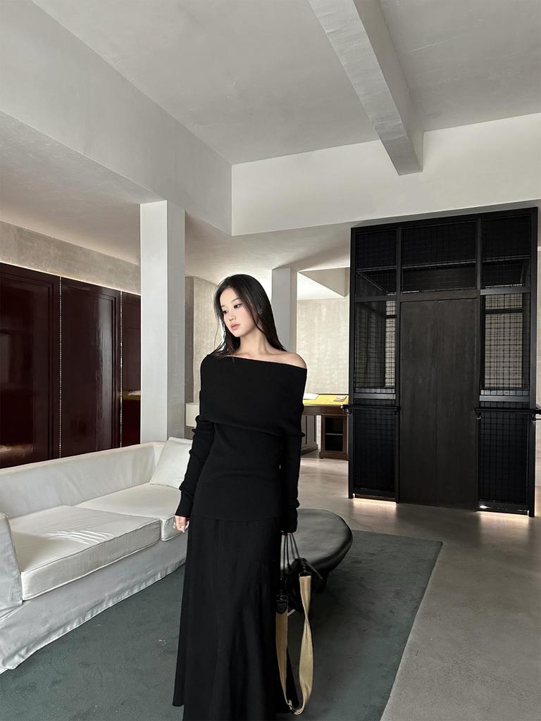 2026 Elegant One-Shoulder Korean Dress: Women's Spring/Autumn Lazy Style Full Set