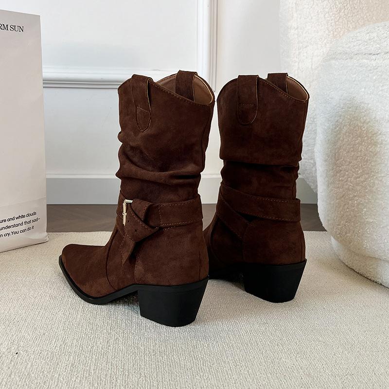 

Inner Height Increase~ Short Boots Coarse Heel Frosted Western Boots ins Trendy High Heel Pile Boots Skinny Versatile Folded Knight Boots 39