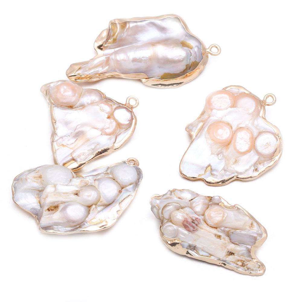 1Pc Artificial Pearl Pendant, Boho Irregular Electroplated Golden Edge Charms for DIY Necklace Jewelry Accessories, Halloween Christmas Crafts