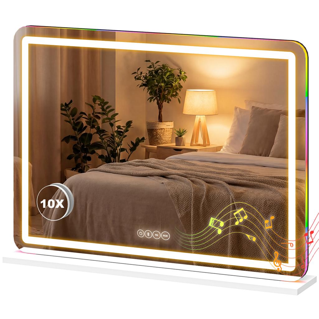 Vanity Mirror with Lights, Dimmable Makeup Mirror with Adjustable Colour Temperature, RGB Light, Bluetooth Speaker White