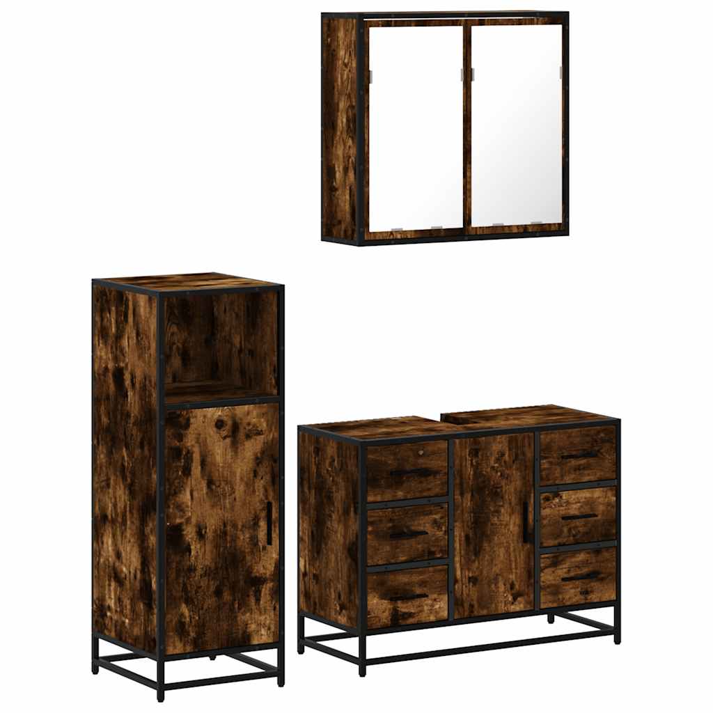3 Piece Bathroom Furniture Set Smoked Oak Wood Based Material