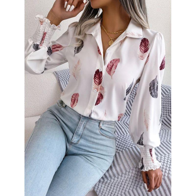 

Women s Collar Printed Remote Sleeve Lapel Lantern Sleeve Shirts Women Pink XL(XL)