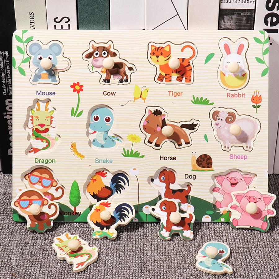 Montessori Wooden Hand Grab Boards Tangram Jigsaw Baby Educational Cartoon Vehicle Animals Fruits 3D Puzzles Early Education