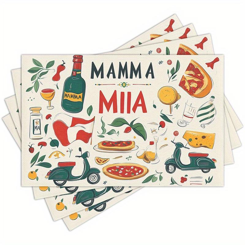 Italian Theme Linen Placemats Set of 4 Mamma Mia Pizza Scooter Print Table Mats for Kitchen Decor 4PCS