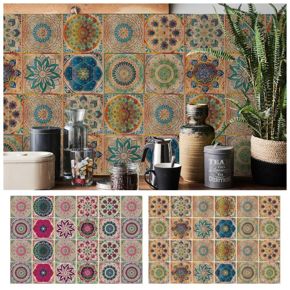 24Pcs/Set Mandala Style Ceramics Wall Sticker Waterproof Vintage Tile Decoration Film 10/15/20cm Self Adhesive