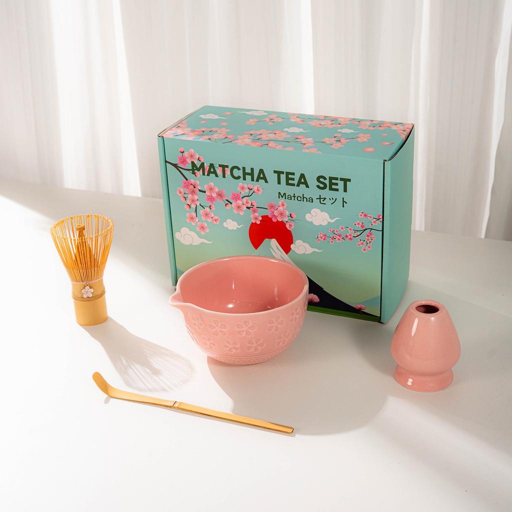 Japanese Matcha Tea Set With Cherry Blossom Pattern, Bamboo Whisk, Ceramic Matcha Bowl, Matcha Making Kit, Tea Utensils Set Gift