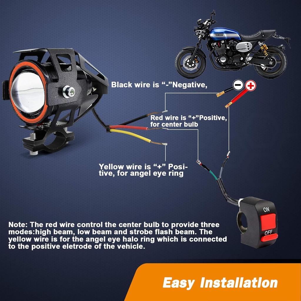 Motorcycle LED Fog Lights U7 Spotlight Daytime Running Lights With Red Angel Eyes Halo Ring And ON/Off Toggle Switch 2-Sets