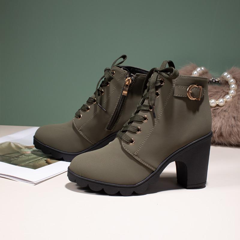 Fashion Spring New Chunky Single Boots Women's Fashion Round Head Deep Cut Front Lacing Side Zipper Platform Heels