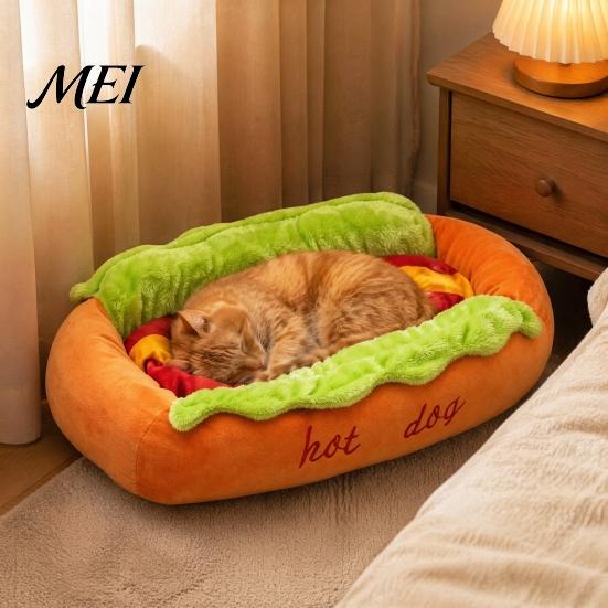 Einzigartige Haustierhöhle für Dackel Hot Dog Bett, Niedliches Gemütliches Kuschelbett mit Abnehmbarem Waschbarem Polster, Lustiges Kreatives Tierbett Wohnzimmer Brötchen Plüsch Kleine Hunde Katzen