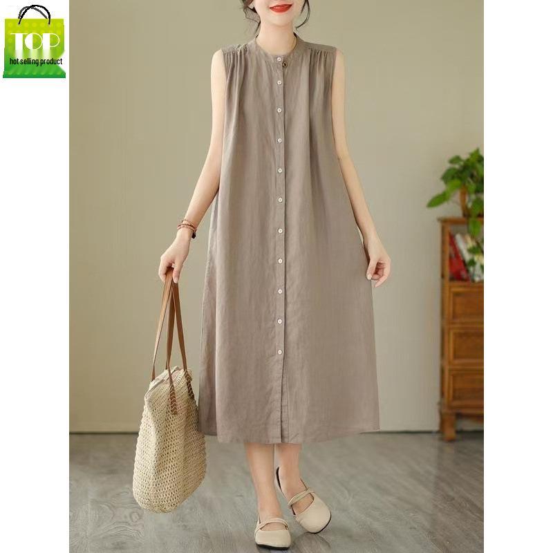 2026 New Summer Casual Sleeveless Cotton Linen Dress - Slimming, Loose Fit, Solid Color