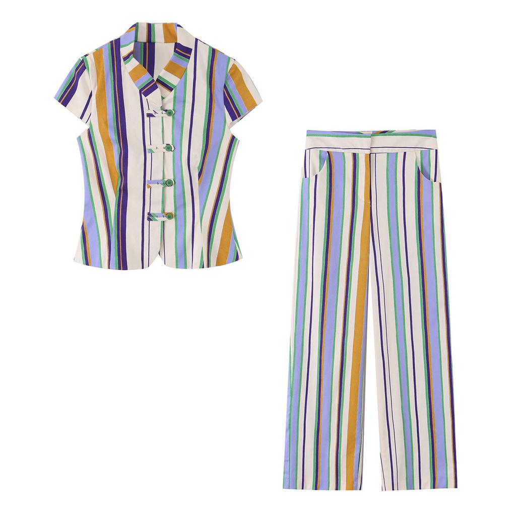 European and American style, wholesale women's clothing, fashionable versatile striped knot button top and trousers 2969329