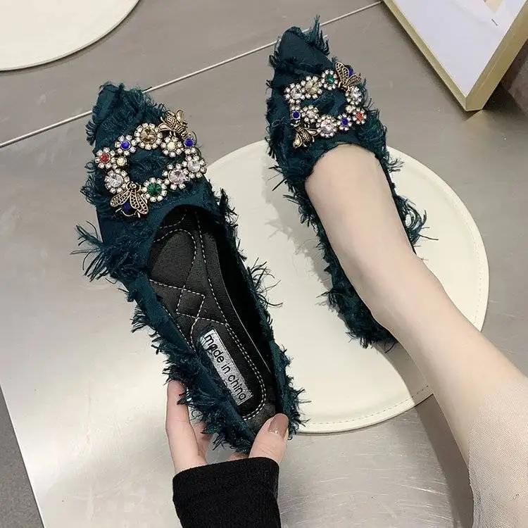 Fashion Black Shoes for Women Rhinestone with Crystals Green Elegant Party Pointed Toe Woman Flats Diamond Social Korean Style Lastest