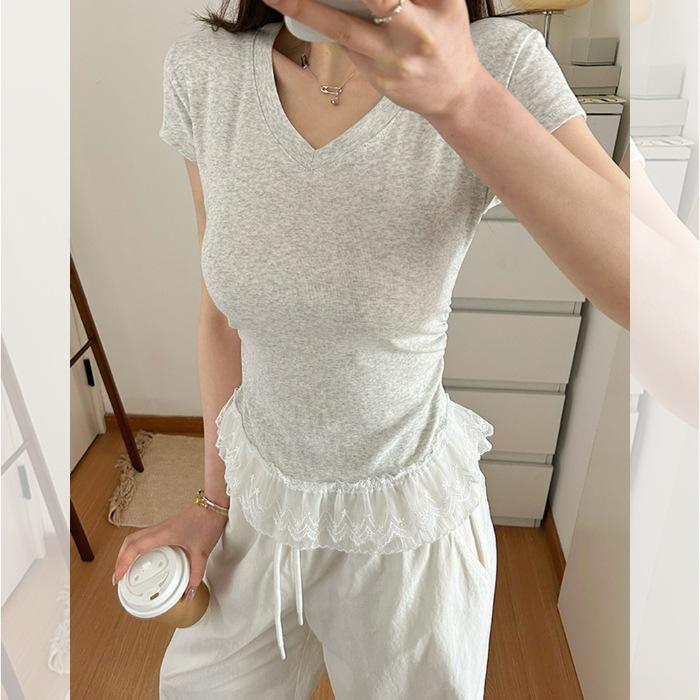 Special cotton elastane pure desire V-neck lace splicing pleated waist pinch short sleeve T-shirt women S