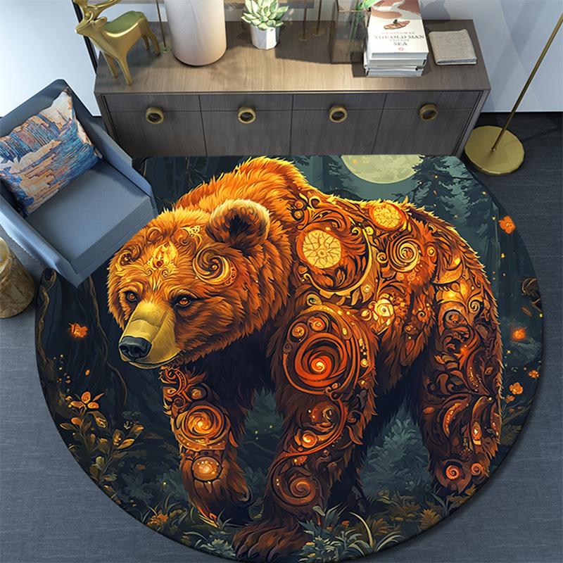 Golden Bear Round Area Rug,Carpet Rug for Living Room Bedroom Sofa Playroom Decor,Non-slip Floor Mat